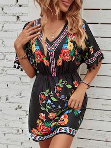 Flash Sale: Bohemian Elegant Printed Dress With Tassels - Black
