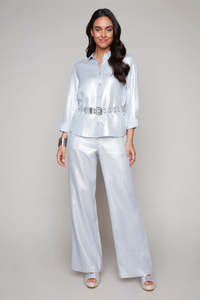 Woven Long Sleeve Top - Blue/ Silver