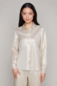 Woven Long Sleeve Top - Beige / Gold
