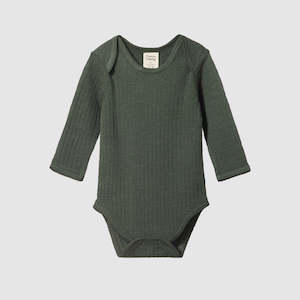 Baby Bodysuits: Pointelle Long Sleeve Merino Bodysuit - Thyme