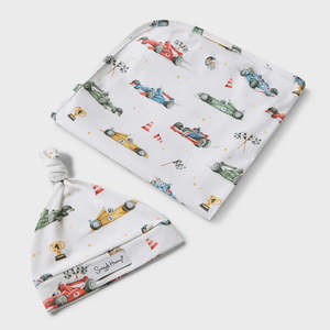 Blankets: Little Racers Organic Jersey Wrap & Beanie set