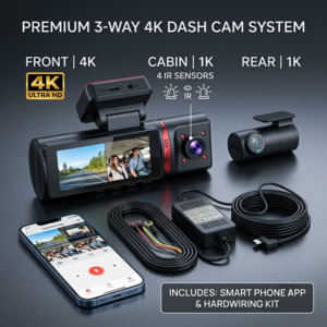 3-Channel 4K Dash Cam System Ideal for Uber/OLA/BOLT Drivers ( INCLUDING INSTALLATION )