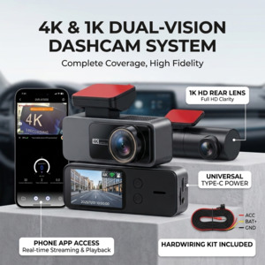 4K Front + 1K Rear Dual Vision Dashcam System with WiFi & Hardwire Kit ( INC&hellip;