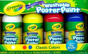 Crayola: Crayola Washable Poster Paint-A-Pack (White/Yellow/Red/Blue) Classic Colours + Brush