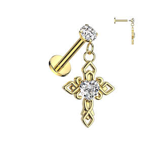 316L Surgical Steel: Gold Internally Threaded Jewelled Prong Set Labret with Jewelled Heart in Celtic Cross Dangle - E640A