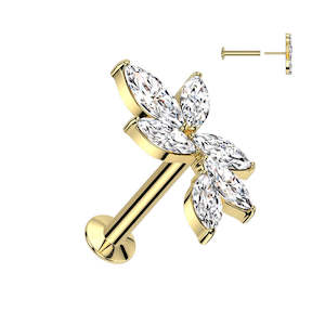 316L Surgical Steel: Gold SS316L Steel 6 Marquise CZ Vine Threadless Push In Labret 18 Gauge - TT205A