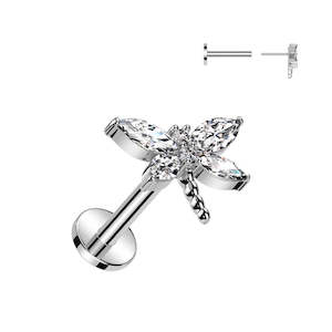 316L Surgical Steel: SS316L Steel Jewelled Dragonfly Threadless Push In Labret 18 Gauge - TT200