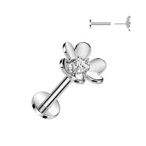 316L Surgical Steel: SS316L Steel Jewelled Flower Threadless Push In Labret 18 Gauge - TT201