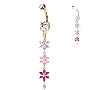 Gold Double Jewelled Fancy Banana Bar with Multicoloured Triple CZ Flower Dangle - 532A