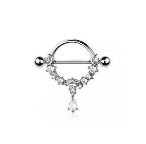 Barbells: SS316L Crystal Jewelled Nipple Shield with Teardrop CZ Dangle - N252