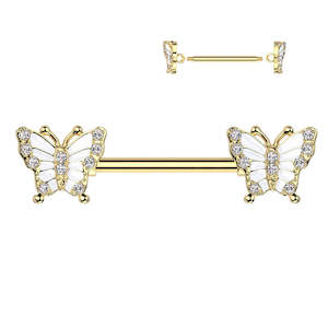 Barbells: Gold Jewelled Butterfly Nipple Barbell - N251A