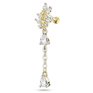 Barbells: Gold Jewelled Cluster Leaf Barbell with Long Chain Dangled Pear - E423A