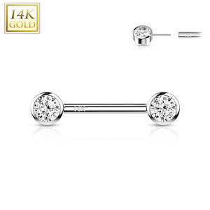 Barbells: 14kt Solid White Gold Jewelled Threadless Nipple Barbell - GOLD14