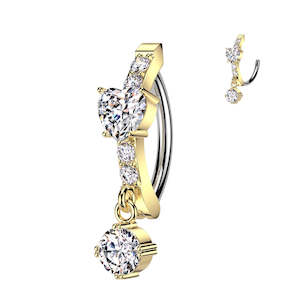 Gold Jewelled Heart Hinged Belly Button Ring with CZ Dangle - 539A