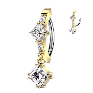 Gold Jewelled Hinged Belly Button Ring with CZ Dangle - 540A