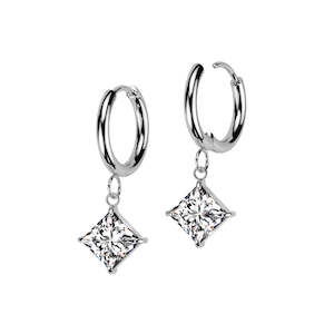 Mens Jewellery: SS316L Hinge Hoop Earrings with Jewelled Prong Set Diamond Dangle (1 pair) - ER11