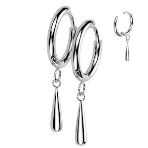 Titanium High Polish Hinged Hoop Earrings with Teardrop Dangle (1 pair) - TI-186