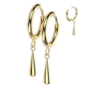 Titanium Gold Hinged Hoop Earrings with Teardrop Dangle (1 pair) - TI-186A