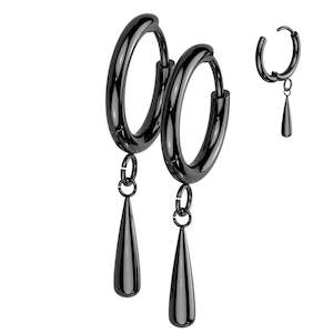 Mens Jewellery: Titanium Black Hinged Hoop Earrings with Teardrop Dangle (1 pair) - TI-186B