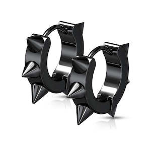 Mens Jewellery: Black Hinged Hoop Earrings with Spikes (1 pair) - E522B