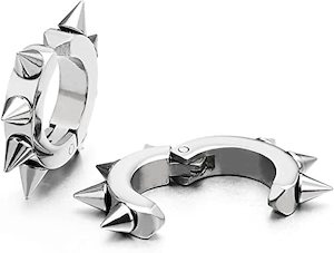 SS316L Oval Hoop Non-Piercing Ear Cuff Clip On Earrings with Spikes (1 pair) - E523