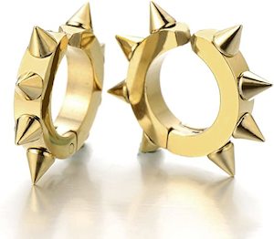 Mens Jewellery: Gold Oval Hoop Non-Piercing Ear Cuff Clip On Earrings with Spikes (1 pair) - E523A