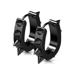 Black U Shaped Hinged Hoop Earrings with Spikes (1 pair) - E520B