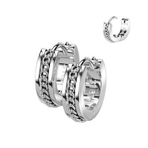 SS316L Hinge Hoop Earrings with Chain Center 18 Gauge (1 pair) - E516