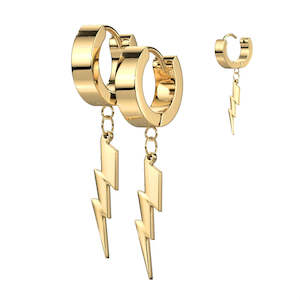 Gold Hinged Hoop Earrings With Lightning Bolt Dangle (1 pair) - E330A