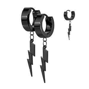 Mens Jewellery: Black Hinged Hoop Earrings With Lightning Bolt Dangle (1 pair) - E330B