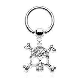 SS316L Clip-in Jewelled Skull Circular Barbell - E512