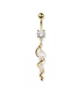 Piercing Jewellery: Gold Jewelled Fancy Banana Bar with Swirl Bead Hanging Dangle - 553A