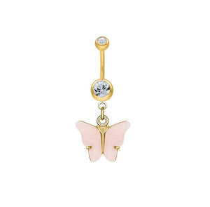 Titanium Gold Double Jewelled Fancy Banana Bar with Butterfly Dangle - 569A