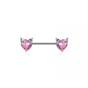SS316L Pink Jewelled Heart with Cat Ears Nipple Barbell - N260