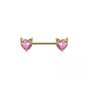 Gold Pink Jewelled Heart with Cat Ears Nipple Barbell - N260A