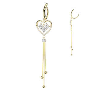 Hinged Rings: Gold Hinged Belly Button Ring with Square CZ Heart Center and CZ Pave Heart with Triple Chain Dangle - 568A