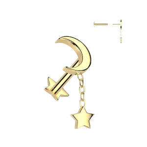 Labret Studs: Titanium Gold Crescent Moon Top and Star Dangle Threadless Push In Labret with Star Shaped Base - TT247A
