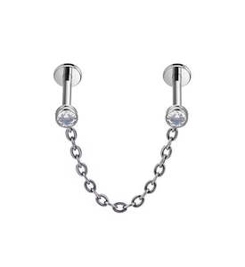 Labret Studs: Titanium High Polish Two Chain-Linked Jewelled Internally Threaded Labrets - TI-247