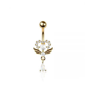 Piercing Jewellery: Gold Jewelled Wing Heart Fancy Banana Bar with CZ Teardrop Dangle - 580A