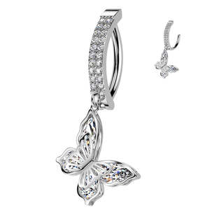 Piercing Jewellery: SS316L Jewelled Double Line Pave CZ Hinged Belly Button Ring with Butterfly Dangle - 582