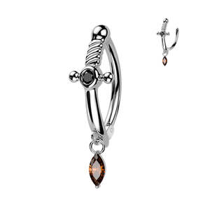 Piercing Jewellery: SS316L Jewelled Dagger Hinged Belly Button Ring with Red Marquise Dangle - 583