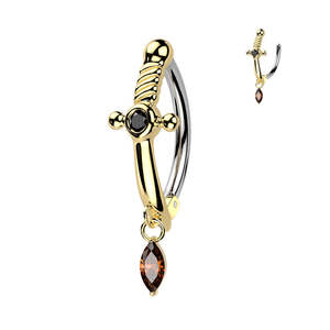 Gold Jewelled Dagger Hinged Belly Button Ring with Red Marquise Dangle - 583A