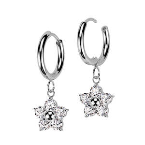 Hinged Rings: SS316L Hinge Hoop Earrings with CZ Jewelled Flower Dangle (1 pair) - ER13