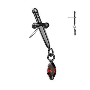 Labret Studs: Titanium Black Dagger with Red Marquise Dangle Threadless Push In Top (Base Sold Separately) - TT254B