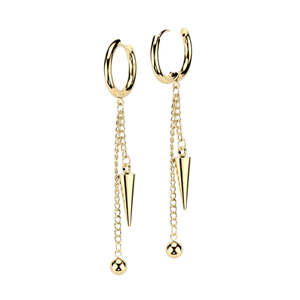 316l Surgical Steel: Gold Hinged Hoop Earrings with Ball and Cone Dangle (1 pair) - E446A