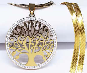 Stainless Steel Tree Of Life 'Pendant With Crystal Surround And Herringbone&hellip;