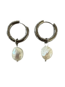 Earrings: Stainless Steel Hoop With Drop Freshwater Pearl Silver