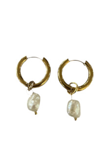 Stainless Steel Hoop With Drop Freshwater Pearl Gold