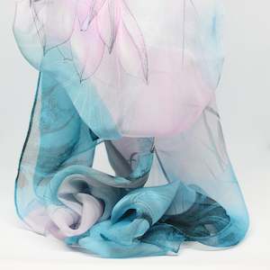 Chiffon Lotus Print Long Scarfe Turquoise