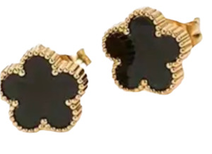 Stainless Steel Gold Plated Stud Earrings  With Natural Stone Flower Black